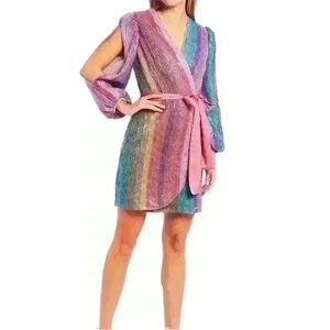 Pink Multicolor Metallic Wrap Mini Dress with Belt